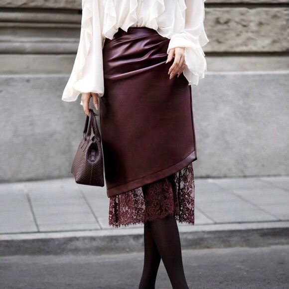 Burgundy Elegant Women's Lace Asymmetrical Skirt